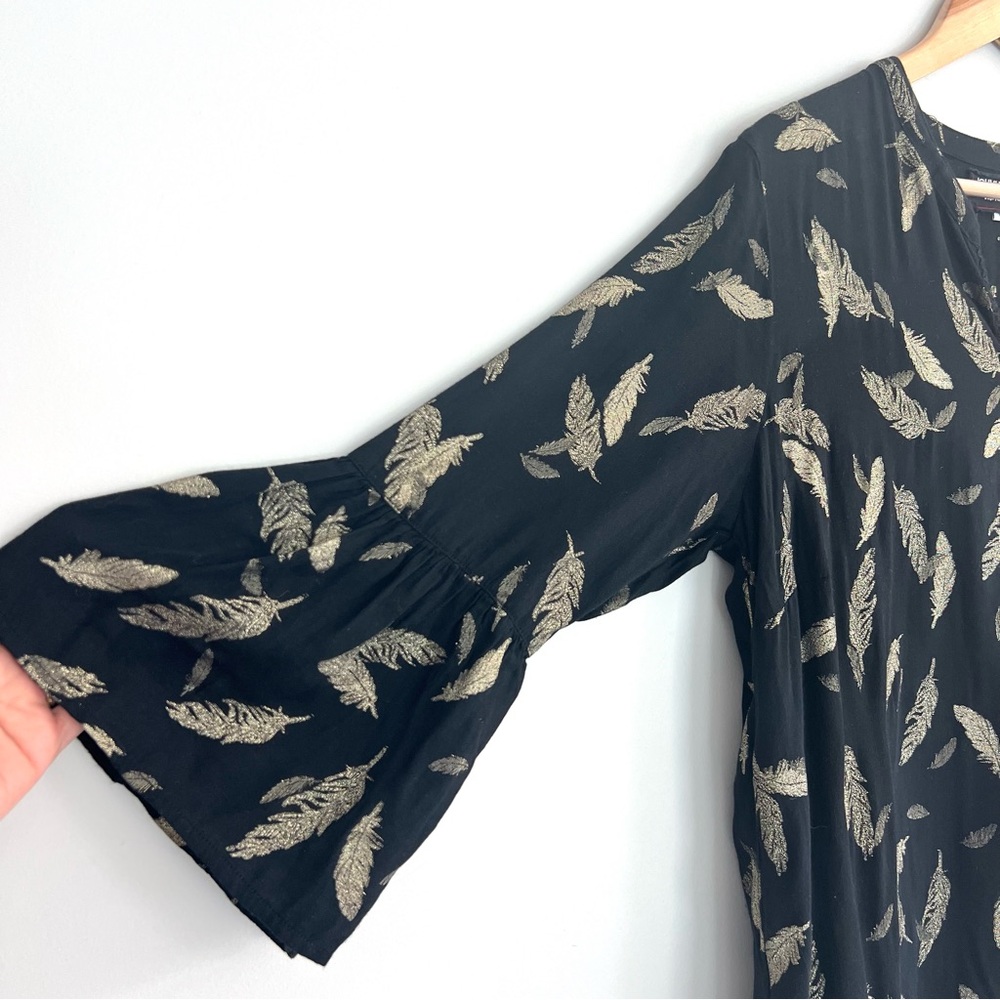 JOHNNY WAS Workshop Black Metallic Gold Feathers Embroidered Hem Mini Dress Sz L - Picture 7 of 16